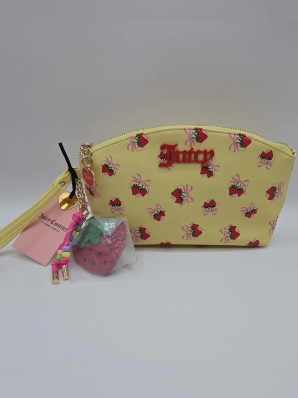 Juicy Couture Yellow Strawberry Print Kids Wristlet with Charm - Picture 1 of 4